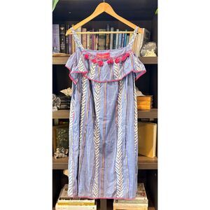 NWT Place Du Soleil Long Blue Lotus Multi Stripe Mini Dress Medium MSRP $138